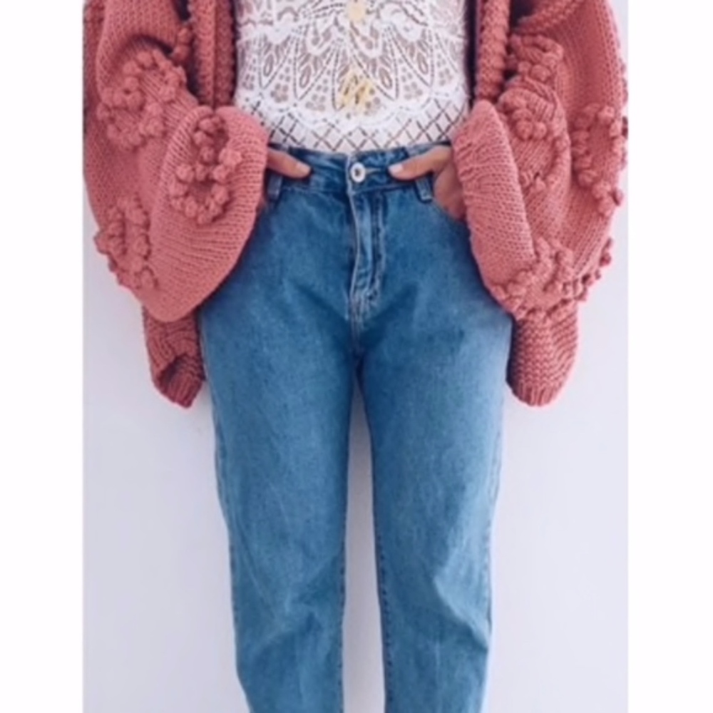 heart pom Balloon Sleeve Cardigan pink open front - Picture 8 of 8